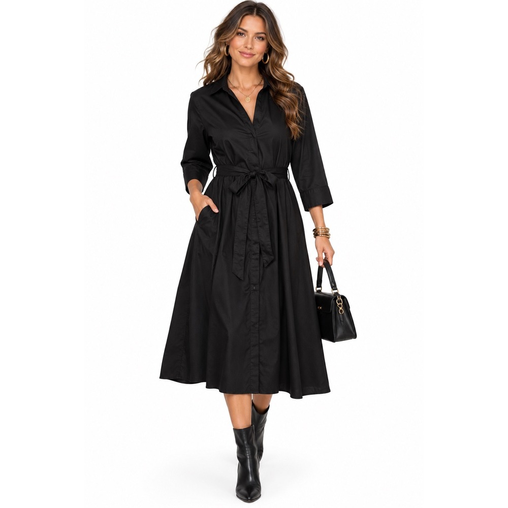 Zara Black Cotton Belted Midi Shirt Dress XL Pockets 3/4 Sleeve Minimalist